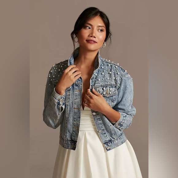 DB STUDIO Wifey Pearl and Crystal Studded Denim Jacket size L - Picture 1 of 3